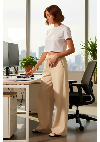 Kadın Bol Kesim Yüksek Bel Keten Pantolon Fonksiyonel Dayanıklı Kaliteli Konforlu Estetik Şık