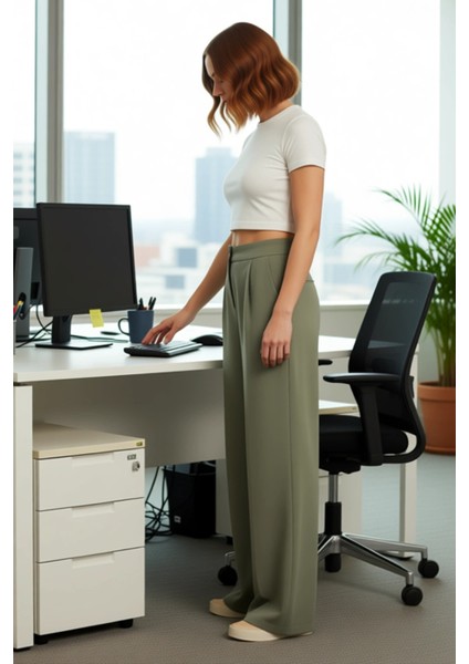 Kadin Yüksek Bel Geniş Paça Dokuma Pantolon Fonksiyonel Dayanıklı Kaliteli Konforlu Modern fiyatları