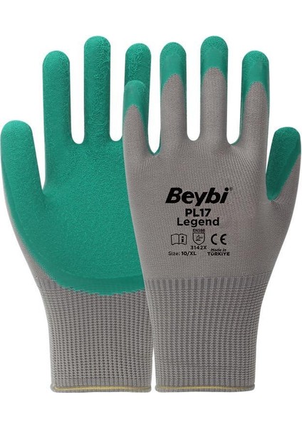 PL17 9 Beden Gri-Yeşil 12LI Paket Legend Polyester Örme Lateks Eldiven
