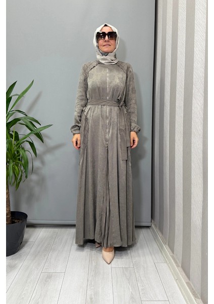 Fermuar Detaylı Jakarlı Cupra Ipek Elbise Gri 38835