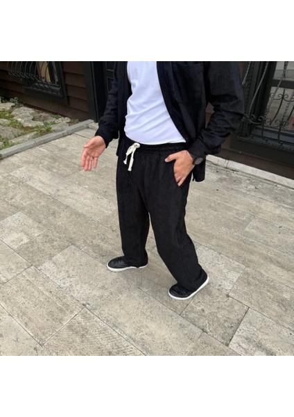 Erkek Fitilli Kadife Cepli Buggy Pantolon Oversize Rahat Kalıp - Siyah fiyatları
