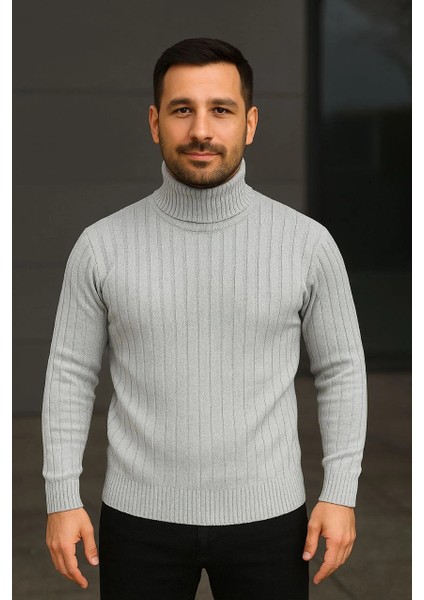 Erkek Fitilli Triko Kazak 2'li Set Gri Siyah Regular Balıkcı Yaka Tam Boğazlı Triko Seti Modeli Kazak modelleri