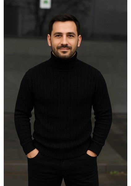 Erkek Fitilli Triko Kazak 2'li Set Bordo Siyah Regular Balıkcı Yaka Tam Boğazlı Triko Seti Modeli Kazak modelleri