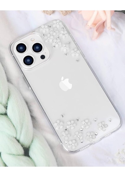 Iphone Uyumlu Şeffaf Taşlı Beyaz Çiçekli Kılıf