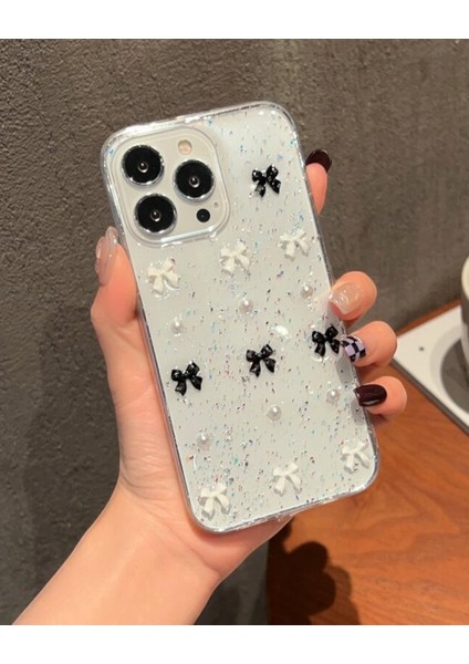 Iphone Uyumlu Şeffaf Siyah Beyaz Fiyonklu Kılıf