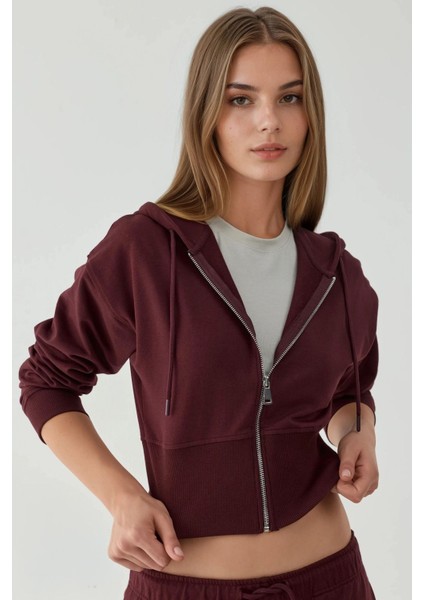 Kadın Fermuarlı Kapüşonlu Sweatshirt Leylak Moru