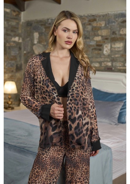 Aqua 26369 Gömlek Yaka Önden Düğmeli Leopar Desen Pijama Takımı