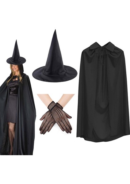 120 cm Siyah Yakalı Cadı Pelerini Cadı Şapkası ve 1 Çift Siyah Kısa File Tüm Eldiven Seti 3 Parça