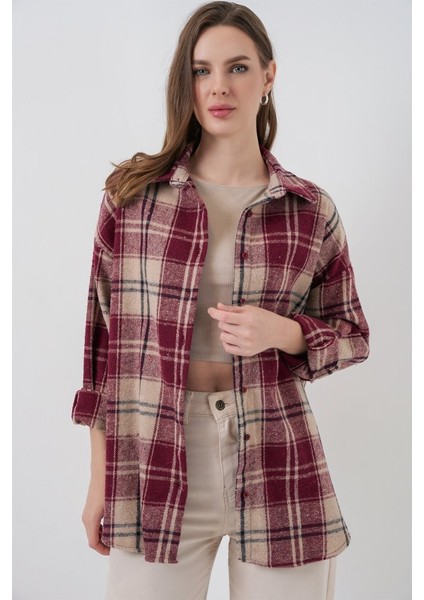 Ekose Desen Oversize Oduncu Gömlek 3854 Bordo