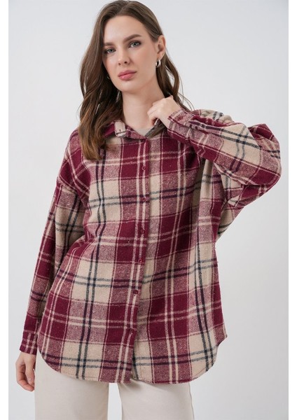 Ekose Desen Oversize Oduncu Gömlek 3854 Bordo modelleri