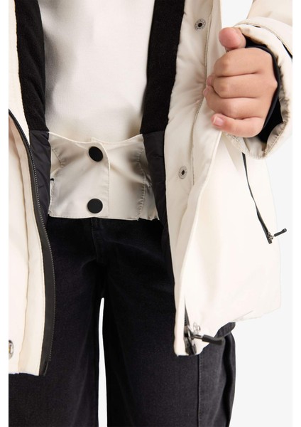 Kız Çocuk Çıkarılabilir Suni Kürk Yaka Kapüşonlu Polar Astarlı Fermuarlı Şişme Kayak Montu F4480A825WN