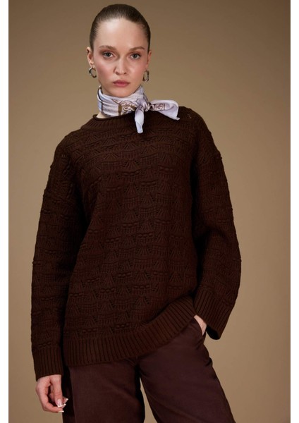 Regular Fit Bisiklet Yaka Ajurlu Triko Tunik