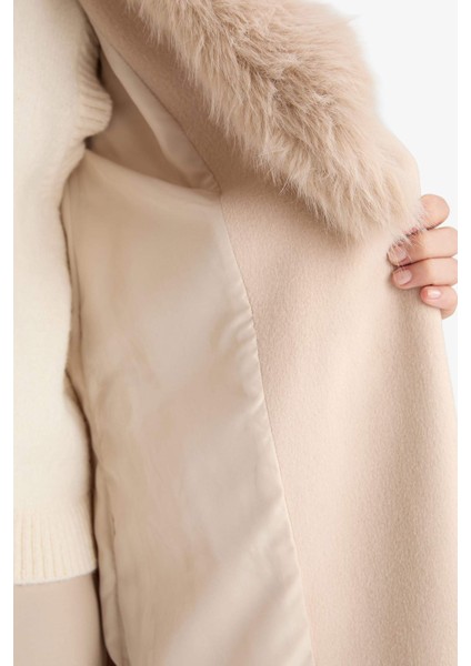 Regular Fit Suni Kürk Yaka Kuşaklı Kaşe Uzun KABAN F2811AX25WN