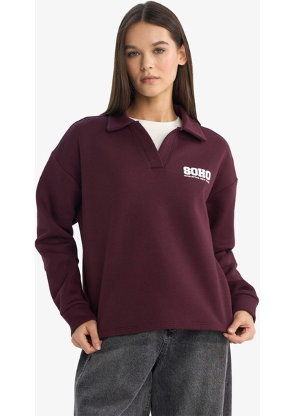 Coool Oversize Geniş Kalıp Polo Yaka Baskılı Sweatshirt modelleri