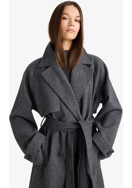 Afra x DeFacto Kuşaklı Cepli Uzun Kaşe Kaban F2790AX25WN