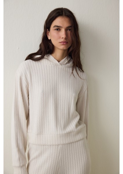 Ekru Örgü Detaylı Kapüşonlu Sweatshirt