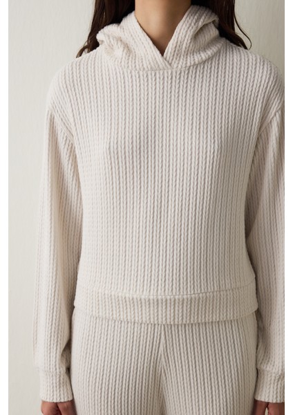 Ekru Örgü Detaylı Kapüşonlu Sweatshirt modelleri