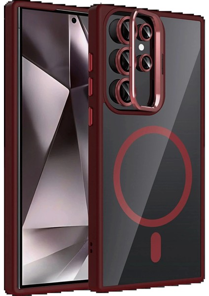 Samsung Galaxy S23 Ultra Remim Lensli Magsafe Standlı Kapak - Bordo