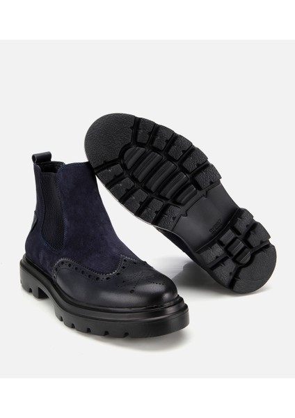 02BOH311910A680 ERKEK Süet Deri Lacivert Lastik Detaylı Işlemeli Chelsea Bot