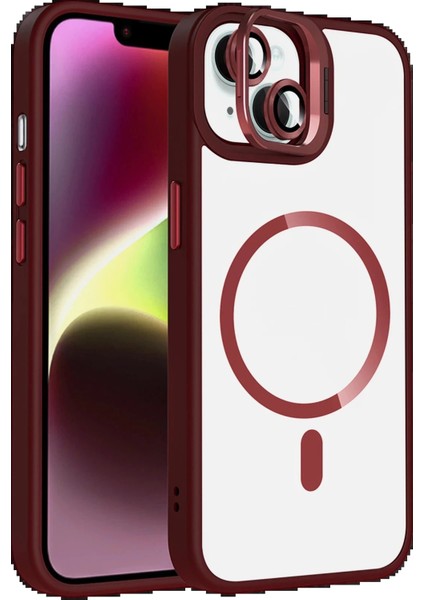Apple iPhone 13 Remim Lensli Magsafe Standlı Kapak - Bordo