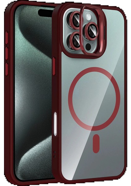 Apple iPhone 16 Pro Remim Lensli Magsafe Standlı Kapak - Bordo