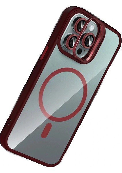 Apple iPhone 16 Pro Remim Lensli Magsafe Standlı Kapak - Bordo modelleri