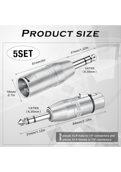 10 Paket Xlr Adaptörü, 5 Adet Erkek Ila Xlr Erkek Adaptörü ve 5 Adet Erkek Ila Xlr Dişi Adaptörü, 1/4 Inç Trs Ila Xlr Konektör (Yurt Dışından) fiyatları