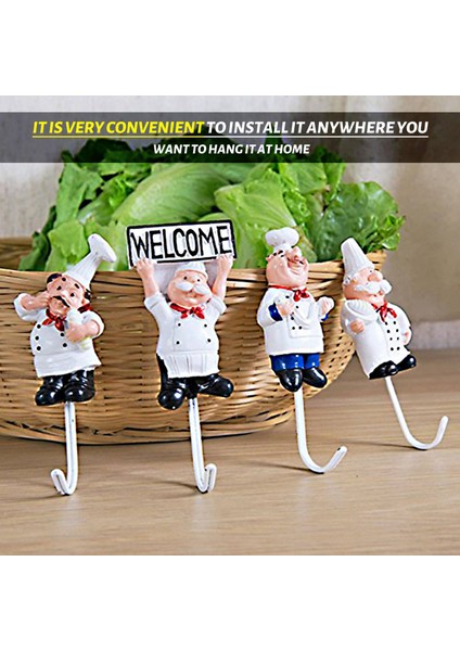 4 Reçine Paket Fransız Şef Figürine Duvar Kancaları Dekoratif Cook Duvar Montajı Hook Askısı (Çeşitli Stil) (Yurt Dışından) fırsatları