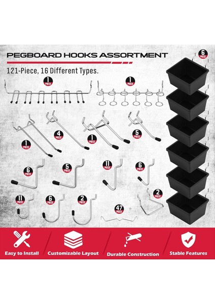 121PCS Pegboard Hooks Ürün Yelpazesi - Araç Organizasyonu Için Dayanıklı Pegboard Aksesuarları, Garaj Için Ideal, Atölye (Yurt Dışından) fiyatları