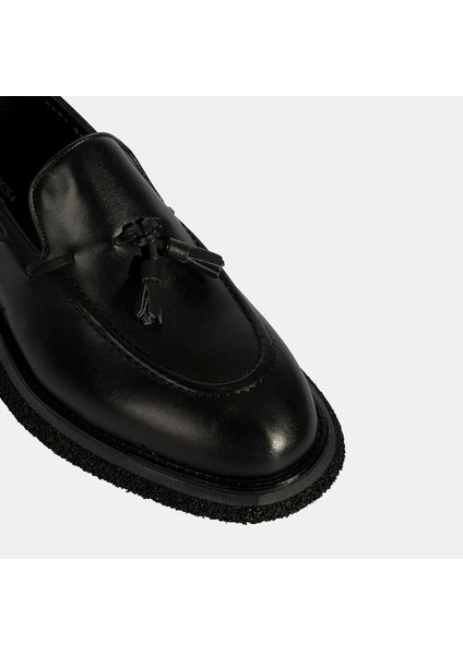 Erkek Siyah Püskül Detaylı Deri Loafer