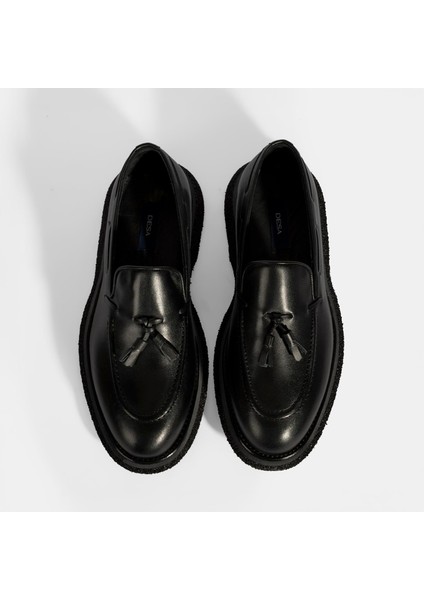Erkek Siyah Püskül Detaylı Deri Loafer