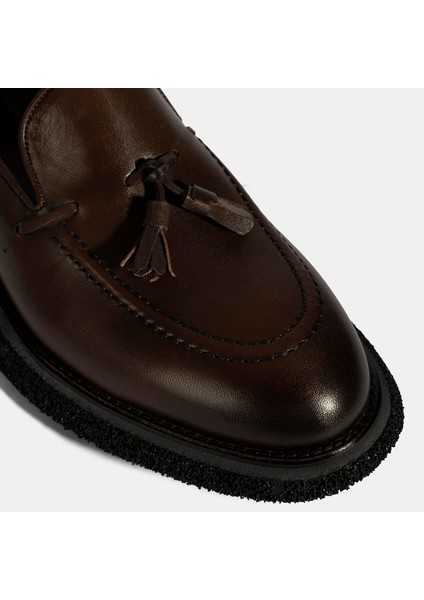 Erkek Kahve Püskül Detaylı Deri Loafer