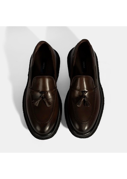 Erkek Kahve Püskül Detaylı Deri Loafer