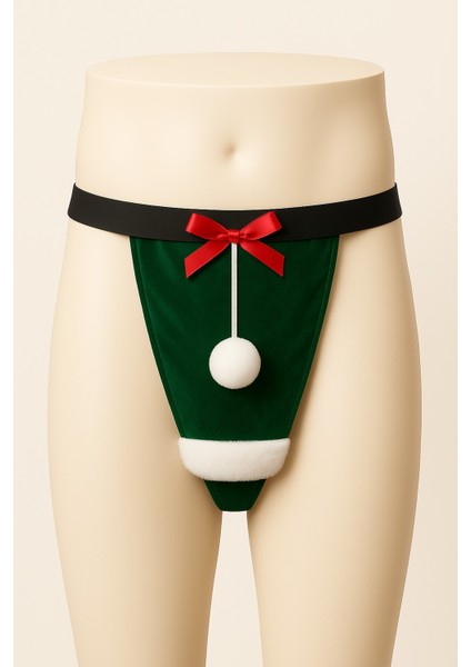 Kadın Yılbaşı Ponpon Detaylı String, Yılbaşı Noel Baba Sakallı Hediye Kadın String Modeli