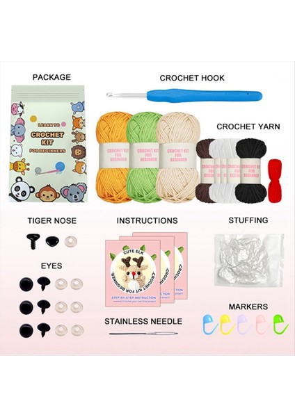 3pcs Tığ Işi Kiti Malzeme Paketi Seti Dıy El Yapımı Tığ Örme Iplik Hayvan (Geyik, Kaplan, Kurbağa) (Yurt Dışından) modelleri