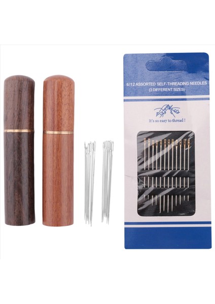 El Yapımı Dikiş Için 12 Altın Kuyruk Arka Asılı Iğne ve 4 Büyük Göz Deri Dikiş Iğnesi ile 2pcs Ahşap Iğne Kasası (Yurt Dışından)