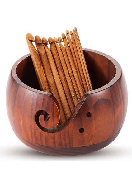 Ahşap Iplik Kasesi, 12 Adet Bambu Tığ Işi Kancalar ile Ahşap Iplik Depolama Kasesi Tığ Işi Dıy El Sanatları Aletleri 2 (Yurt Dışından)