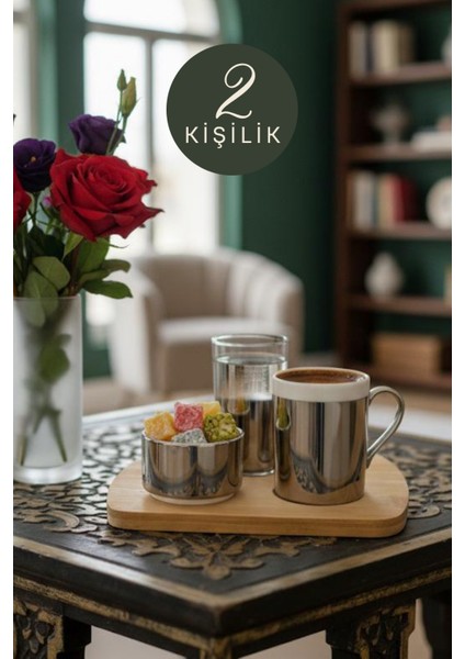 2 Kişilik Bambu Tepsili Gümüş Porselen Türk Kahvesi Fincanı Sunum Seti-Fincan Takımı