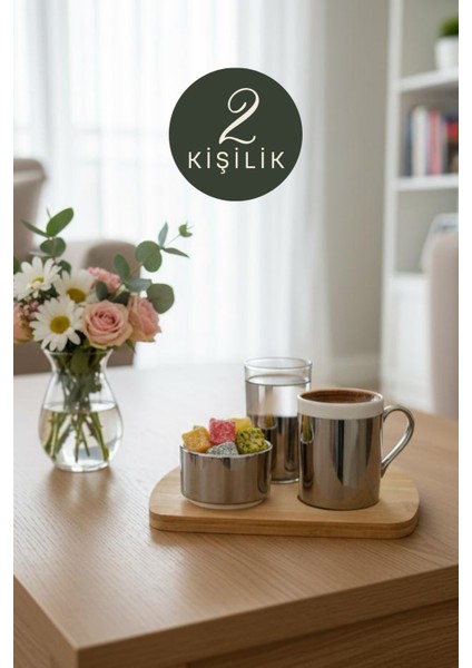 2 Kişilik Bambu Tepsili Gümüş Porselen Türk Kahvesi Fincanı Sunum Seti-Fincan Takımı