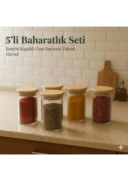 5'li Bambu Kapaklı Cam Baharatlık Seti - 150 ml | Mutfak Düzenleyici Vakumlu Kavanoz Takımı