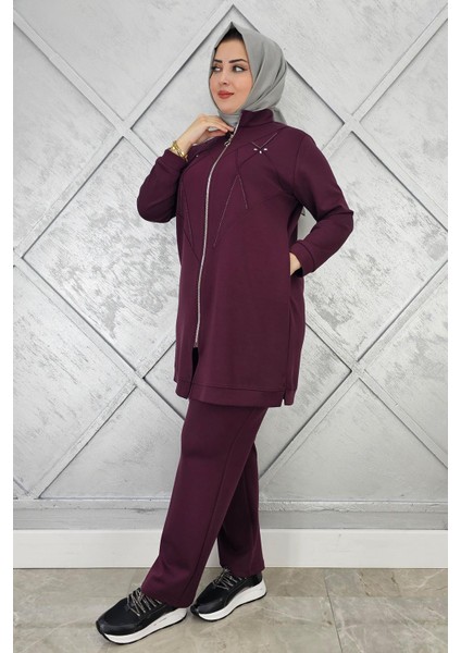 Kadın Taş Detaylı Fermuarlı Tesettür Takım