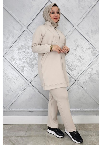 Kadın Taş Detaylı Fermuarlı Tesettür Takım