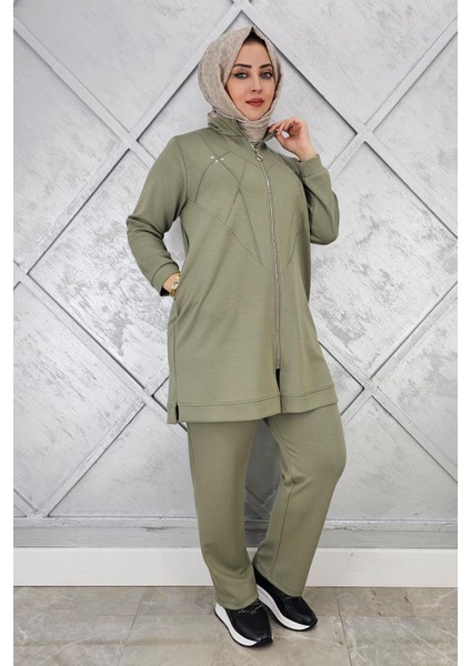 Kadın Taş Detaylı Fermuarlı Tesettür Takım