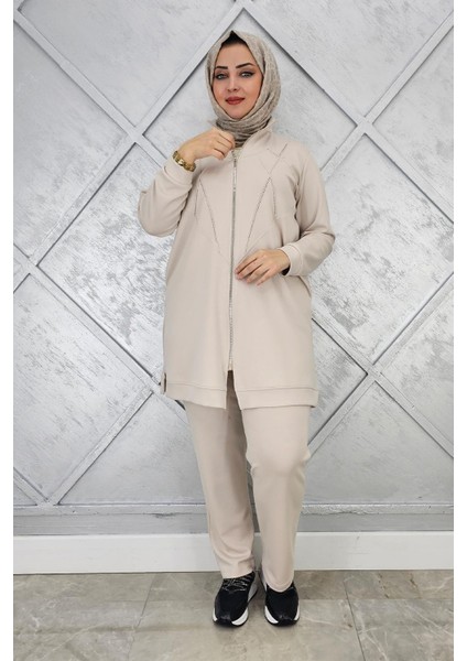 Kadın Taş Detaylı Fermuarlı Tesettür Takım modelleri