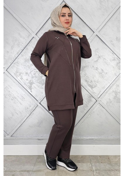 Kadın Taş Detaylı Fermuarlı Tesettür Takım