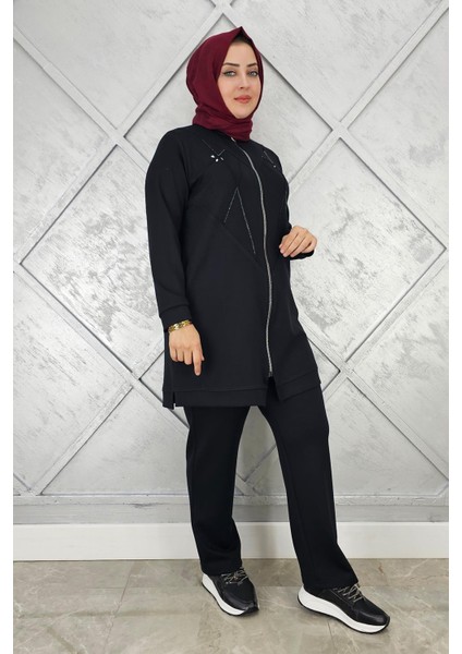 Kadın Taş Detaylı Fermuarlı Tesettür Takım