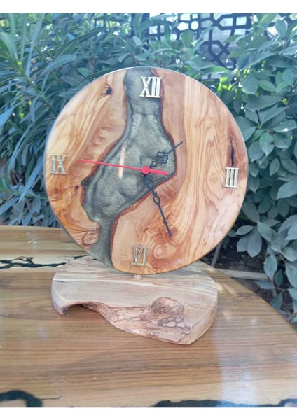 Zeytin Ağacından El Yapımı Epoksi Ahşap Ayaklı Masa Saati - Turkuaz- 22 cm