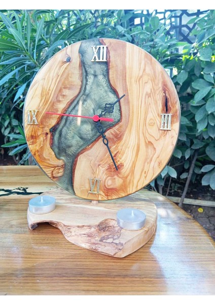 Zeytin Ağacından El Yapımı Epoksi Ahşap Ayaklı Masa Saati - Turkuaz- 22 cm fiyatları