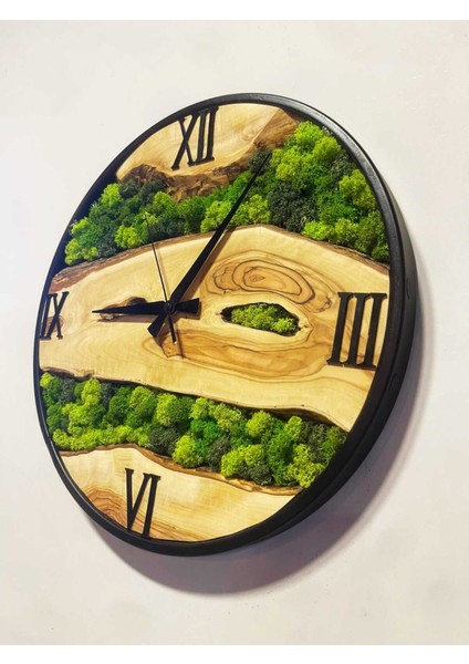 Zeytin Ağacından El Yapımı Ahşap Duvar Saati - Yosunlu- Metal Çerçeveli - 40 cm fiyatları