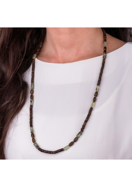 Prehnit, Bronzit, Hindistan Cevizi Ağacı ve Hematit Doğal Taş Kadın Kolye